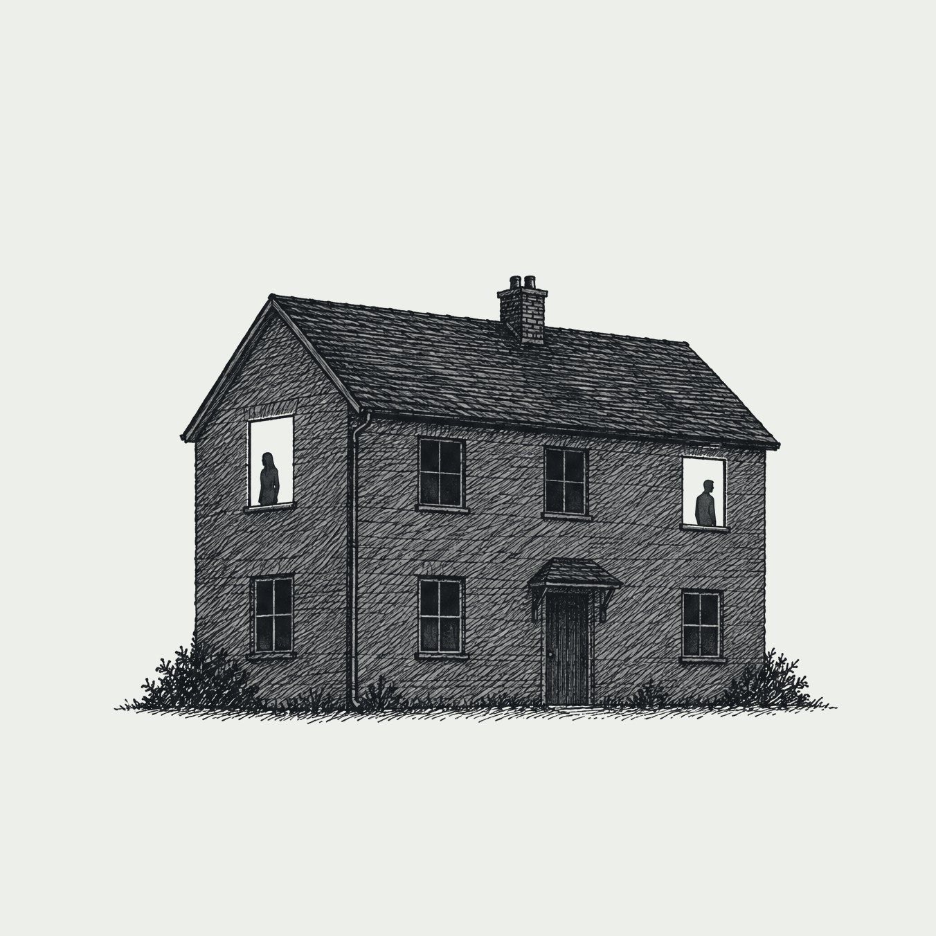 Ink drawing of a house at night with two lit windows at opposite ends and one figure in each