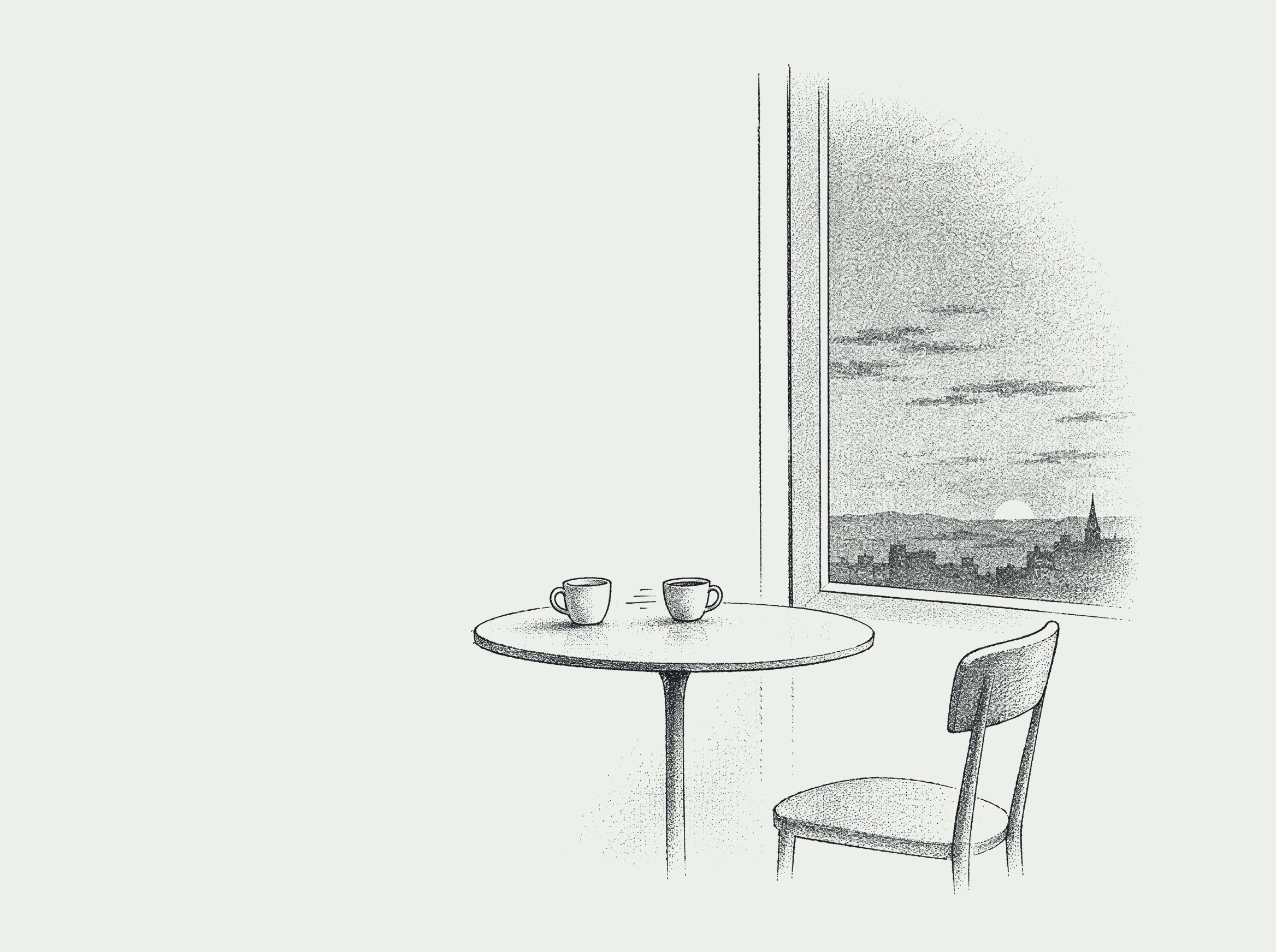 Ink drawing of two cups on a small table by a window at dusk