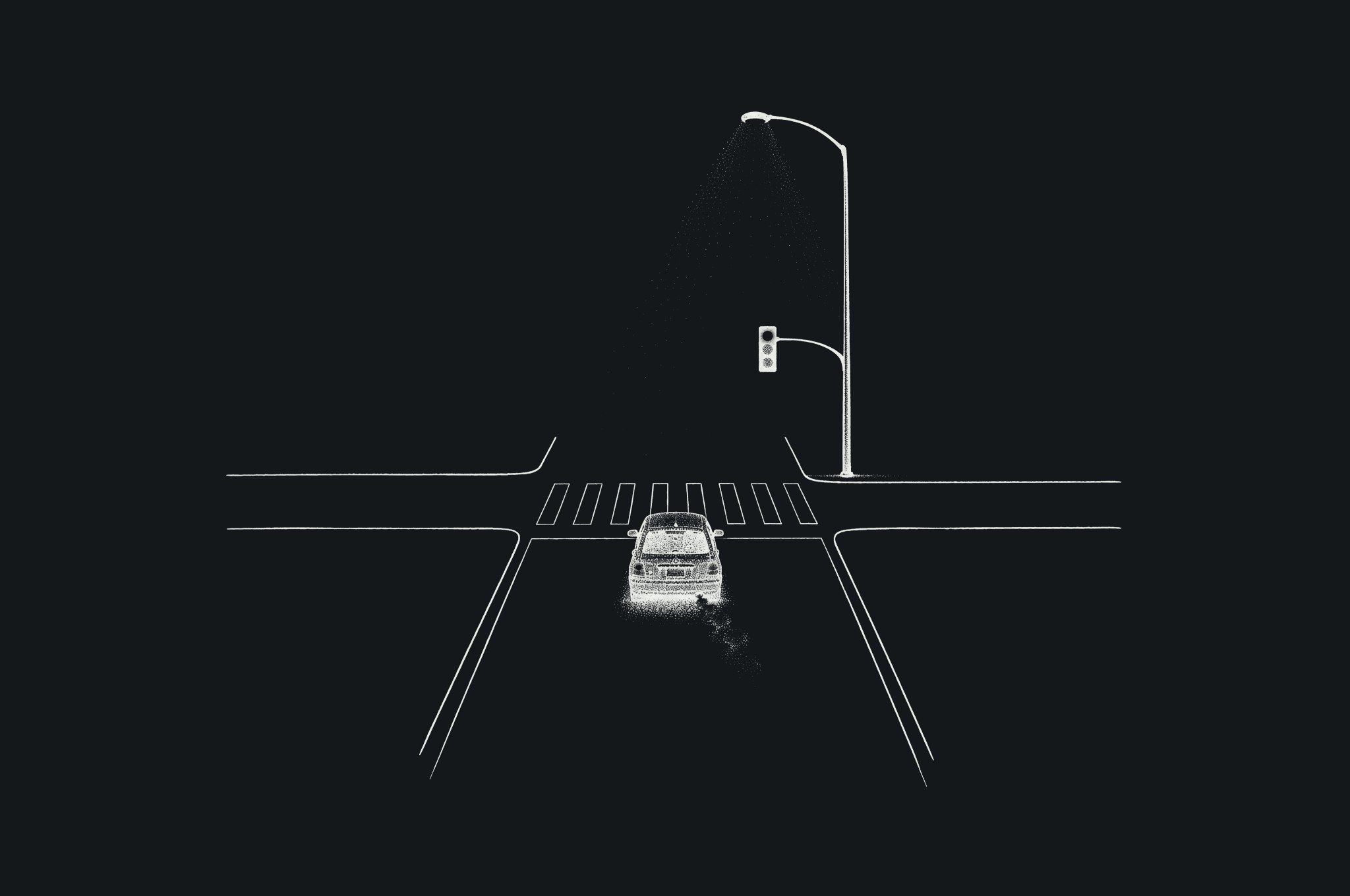 Ink drawing of a small car stopped alone at a traffic light at an empty crossroads at night