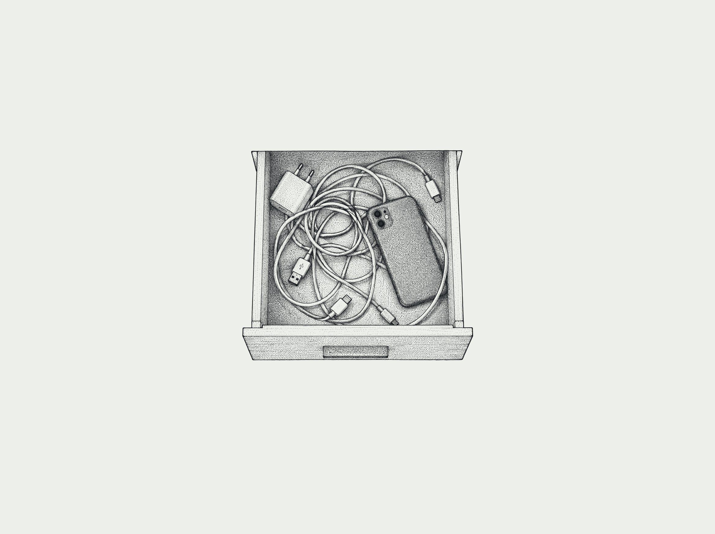 Ink drawing of an open drawer with tangled chargers and a phone lying face down